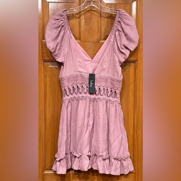 Lulu's Dusty Rose Crochet-Trim Puff Sleeve Mini Dress - Picture 3 of 11